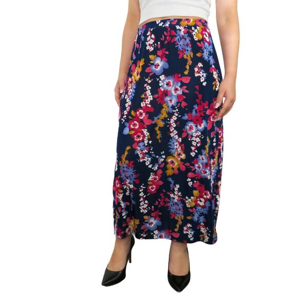 90s Vintage Jaclyn Smith Blue Floral High Rise A-Line Side Slit Maxi Skirt Small - Picture 1 of 7
